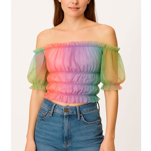 Lirika Matoshi Off Shoulder Rainbow Sheer Puff Sleeve Top Women’s Size Small - Picture 1 of 7